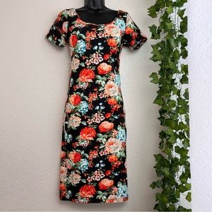 Floral Bodycon Orange and Black Midi Dress